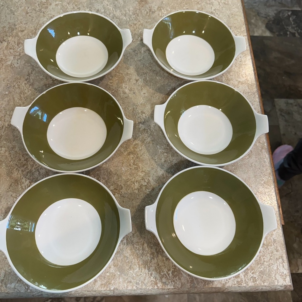 Vintage Mikasa Iron Stone Palmetto Bowls 3306 Set of Six Green &‎ White Japan
